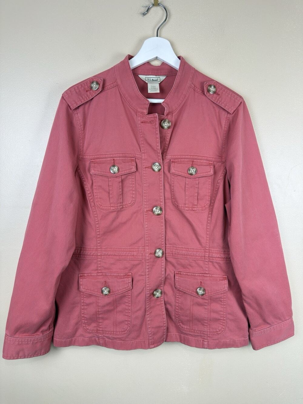 L.L. Bean Utility Jacket Women M Pink Salmon Military Field Safari Coat Pockets